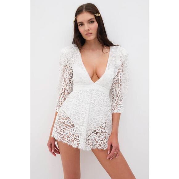 New Free People x For Love & Lemons Santo Lace Deep-V Romper $268 SMALL White - Picture 6 of 7